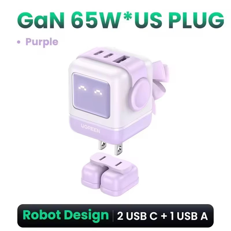 New！ 65W Gan Charger Robot Design Quick Charge 4.0 3.0 PPS for Iphone 16 15 14 Pro Macbook Laptop Tablet PD Fast Charger